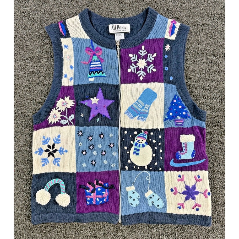 Vintage All Points Christmas Sweater Vest Zip Up Patchwork Snowman Holiday L‎